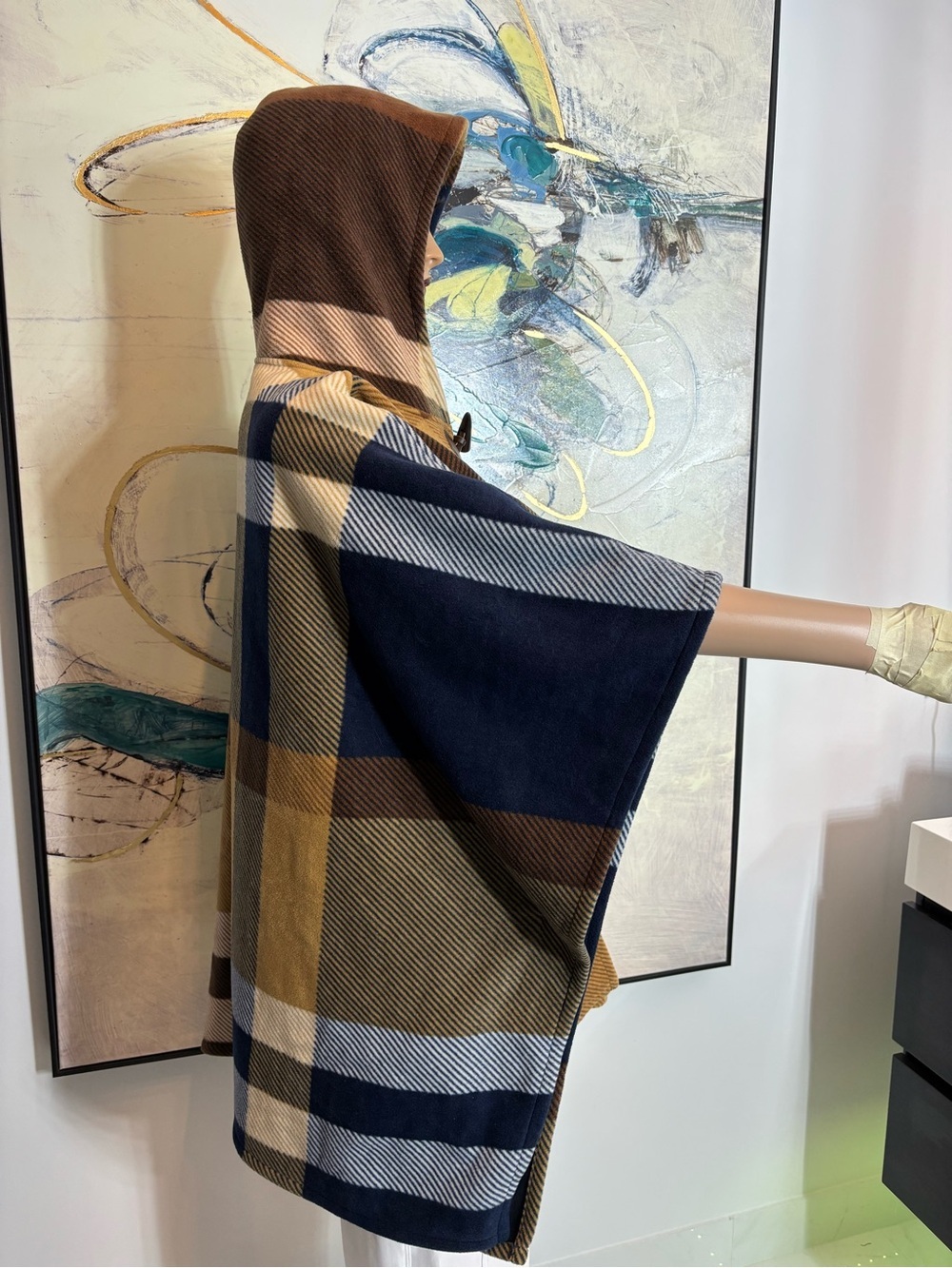 RACHEL Rachel Roy Hooded Plaid Poncho Sweater in Brown, Navy & Cream - Picture 8 of 15